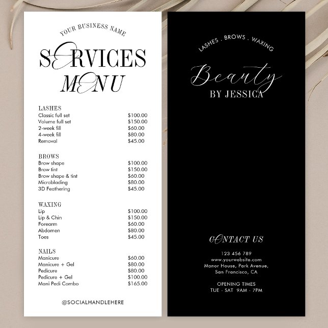 Menü "Elegant Nostalgisches Skript-Logo-Salon Serv (Fully editable price list of services menu featuring elegant calligraphy fonts)