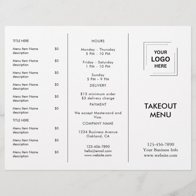Menü für das Restaurant mit dem White Custom Busin (Vorderseite)