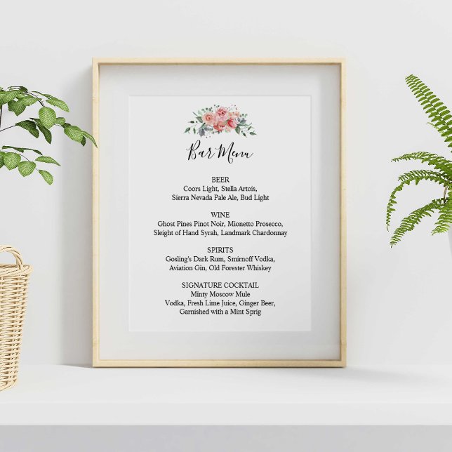 Menü für die Hochzeitsempfehlung Rosa Blumenschrif Poster (Von Creator hochgeladen)