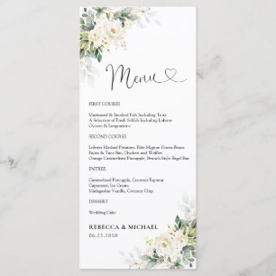 Menü für die Hochzeitsfeier "White Roses" Menükarte