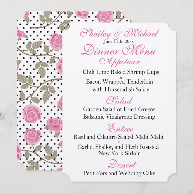 MENÜ FÜR DIE REZEPTION IN Rosa/Schwarz Einladung (Vorne/Hinten)
