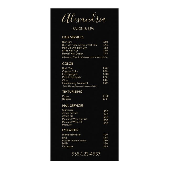 Menü für einfachen Skriptschwarzen Salon-Dienst (Vorne)