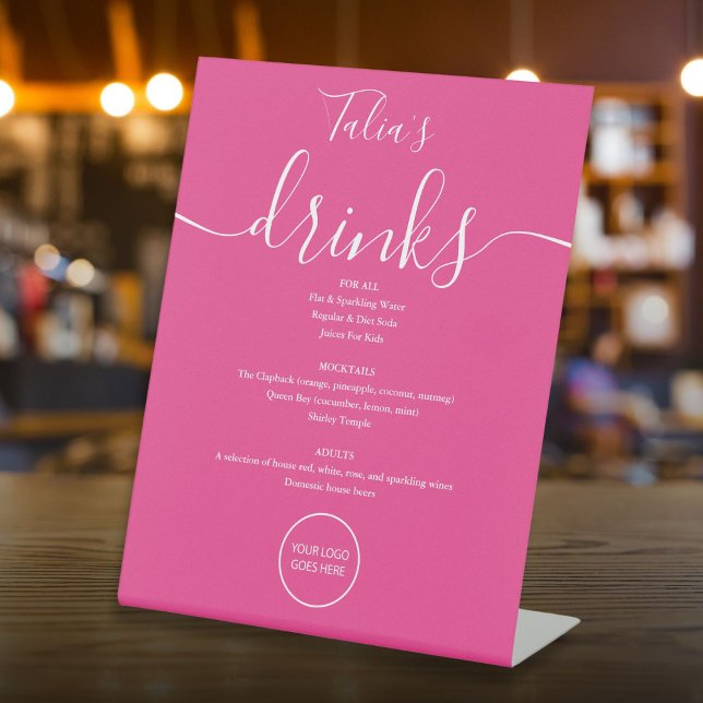 Menü für Getränke mit den Logos für Hochzeiten (Ho Sockelschild (Hot Pink Signature Script Wedding Logo Drinks Menu Pedestal Sign)