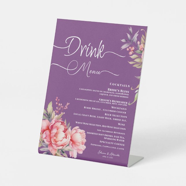 Menü für Hochzeiten Drink Deep Lila Pink Peony Sockelschild (Vorderseite)