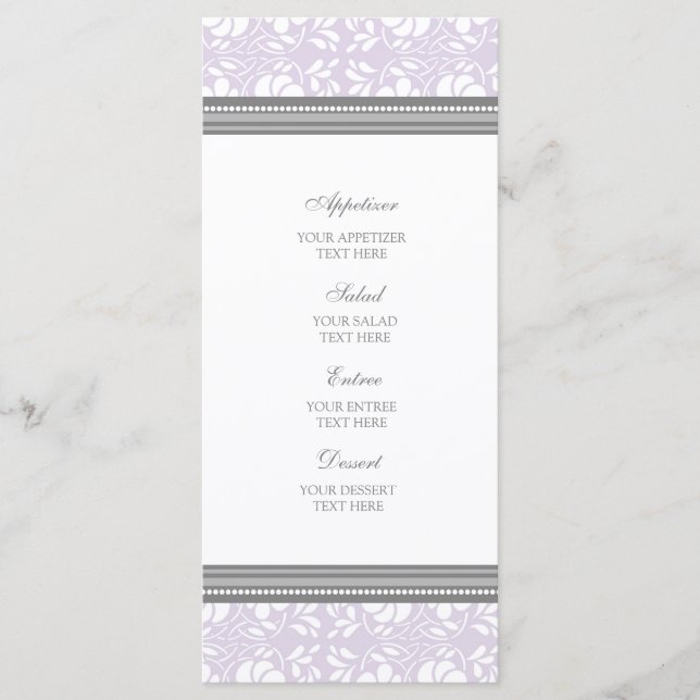 Menü für Hochzeiten Lilac Gray Damask Menükarte (Vorderseite)