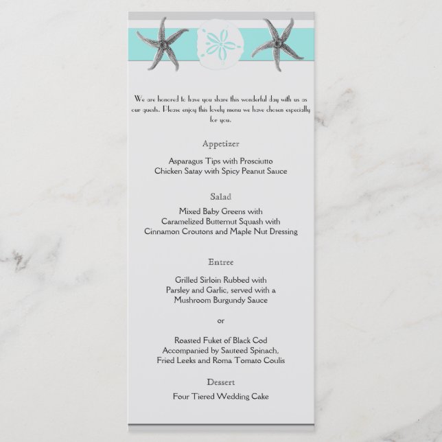 Menü für Hochzeiten mit Aqua und Gray Band Menükarte (Vorderseite)