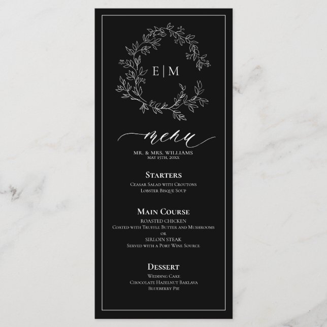 Menü für Hochzeiten mit Schwarz-weißem Wappen Menükarte (Vorderseite)