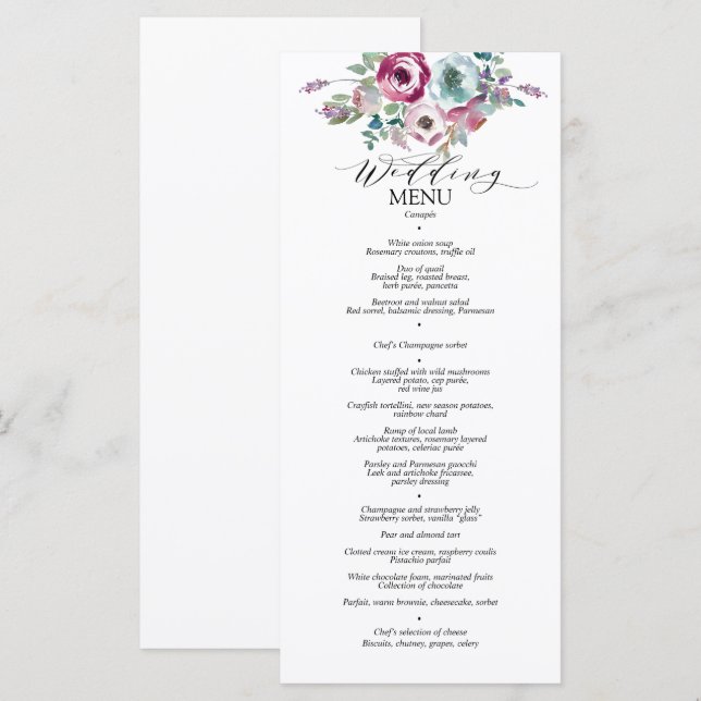 Menü für Hochzeiten von Mint & Mauve Floral Menükarte (Vorne/Hinten)