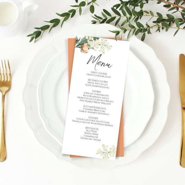 Menü für Hochzeitsabende Wasserfarben Peach Floral Menükarte (Wedding menu card with elegant peach watercolor floral artwork. )