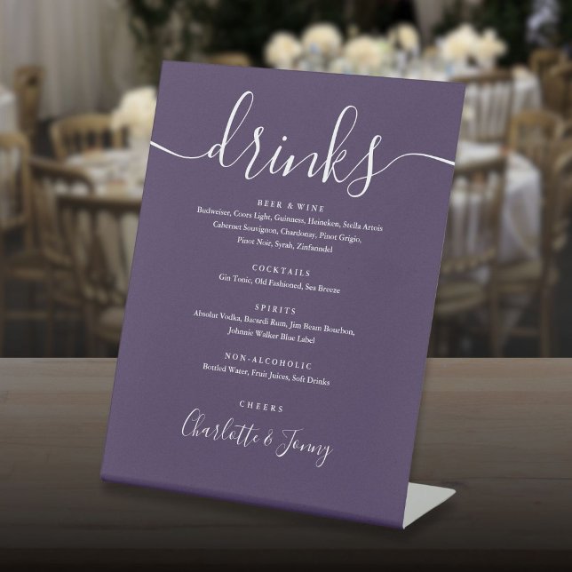Menü für Hochzeitsgetränke mit lila Signatur Sockelschild (Purple Signature Script Wedding Drinks Menu Pedestal Sign)