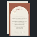 Menü "Geometric Minimal Terracotta Arch Wedding"<br><div class="desc">Dieses moderne Hochzeitsmenü mit minimalistischem Schriftart eignet sich perfekt für eine moderne Hochzeit,  eine kleine Hochzeit oder andere Feiern. Diese Menüvorlage verfügt über einen Terrakotta-Hintergrund und einen Bogen in Cremeweiß. Alle Textelemente und Farben dieser Hochzeitsmenükarte können individuell angepasst werden.</div>