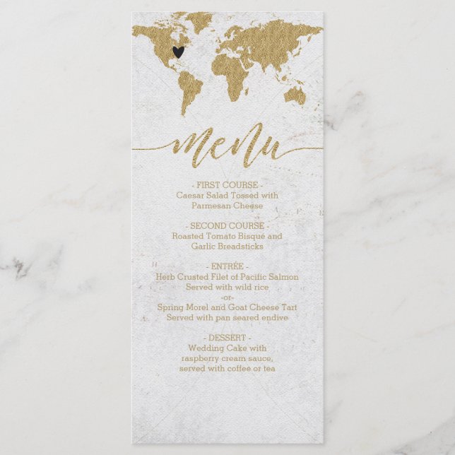 Menü "Gold Foil World Map Hochzeit in Urlaubsort" Menükarte (Vorderseite)