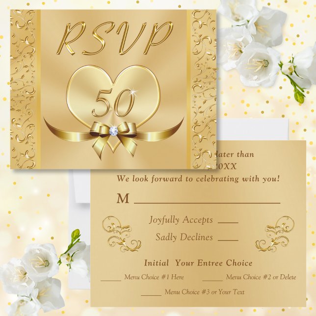 Menü Gold RSVP Karten für das 50. Hochzeitstag (RSVP Menu Cards. Response Cards for 50th wedding anniversary. 50th anniversary RSVP Cards. Menu RSVP)