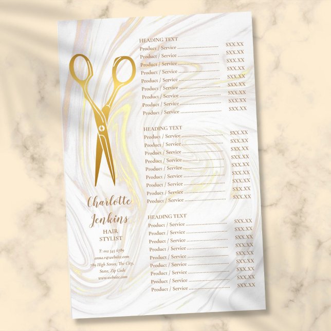 Menü "Gold Scissors Hair Stylist Marble Service" (Gold Scissors Hair Stylist Marble Service Menu Flyer)