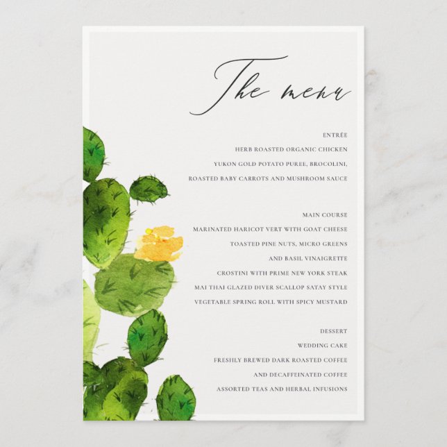 MENÜ "GREEN WATERCOLOR DESERT CACTUS BLUME" MENÜKARTE (Vorderseite)