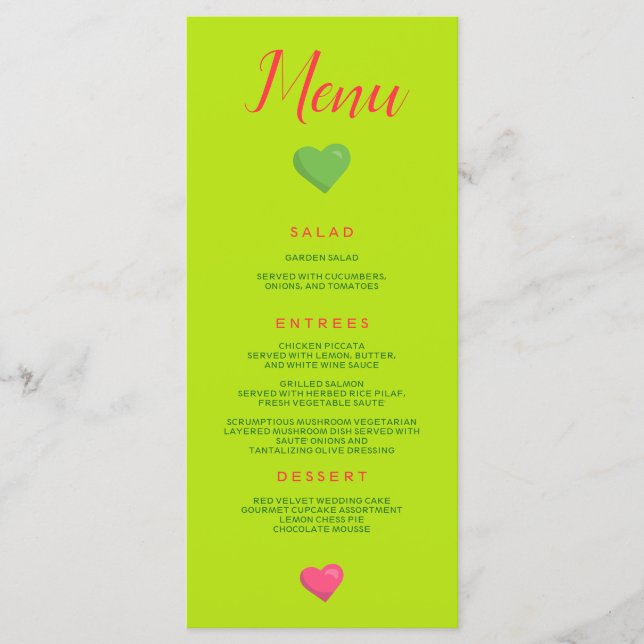 Menu Heart Wedding Green Menükarte (Vorderseite)