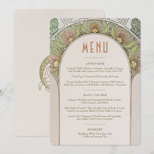 Menü Hochzeit Vintager Jugendstil von Mucha Invita Einladung (Vorne/Hinten)
