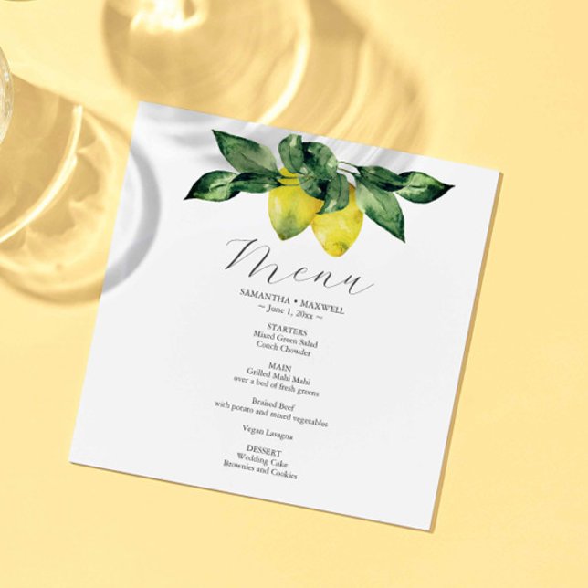 Menü-Karte für Hochzeiten Lemon und Amalfi Tile Menükarte (Watercolor lemons wedding menu square art by Victoria Grigaliunas of Do Tell A Belle. )
