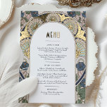 Menü Karte Navy Blue Gold Art Nouveau Mucha<br><div class="desc">Genießen Sie Ihr kulinarisches Erlebnis mit unserer atemberaubenden Speisekarte mit Navy Blue Bougainvilleas und verzierten Details, die von Alphonse Muchas ikonischem Jugendstil inspiriert wurden. Diese mit einer echten Folie bedruckte Menükarte ist ein Meisterwerk, das jedem Event Eleganz und Eleganz verleiht. Die komplizierten Details rund um die Menüinformationen auf dieser Karte,...</div>