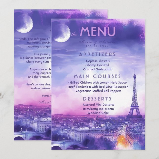Menü + lieblicher Text Amour Éternel  Menükarte (Vorne/Hinten)