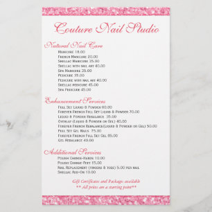 Menu Liste für Nägel mit rosa Glitterdruck Flyer