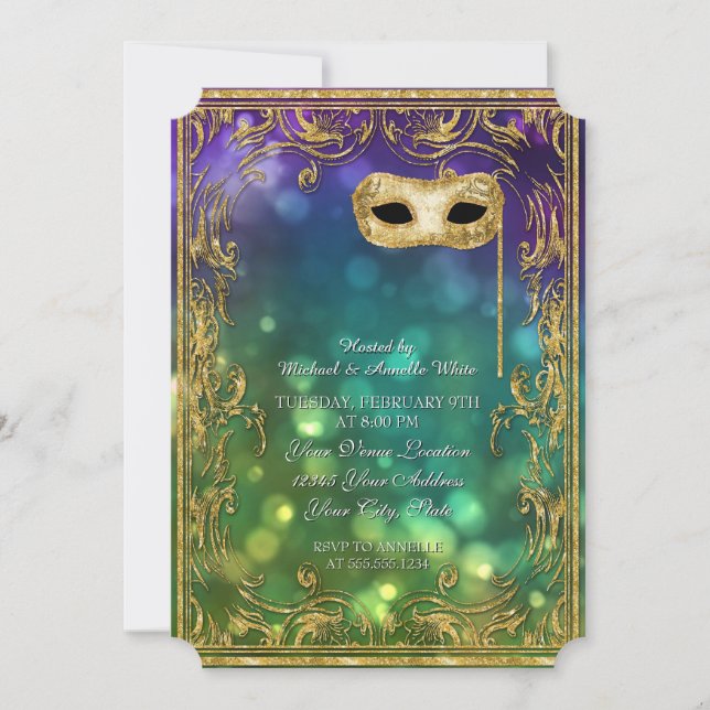 Menü Mardi Gras Masquerade Bokeh Gold Glitzer Einladung (Vorderseite)