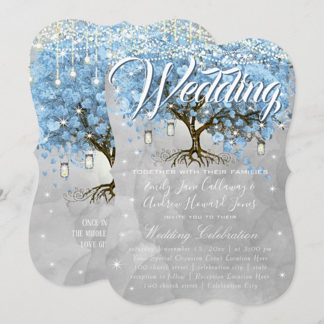 Menü Mason Jar Blue Heart Leaf Tree Wasserfarbe Einladung (Vorne/Hinten)