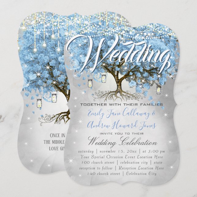 Menü Mason Jar Blue Heart Leaf Tree Wasserfarbe Einladung (Vorne/Hinten)