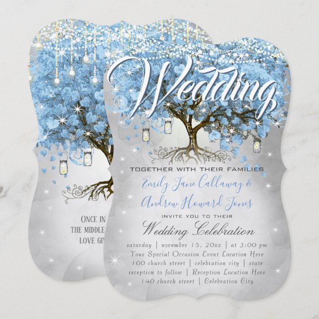 Menü Mason Jar Blue Heart Leaf Tree Wasserfarbe Einladung (Vorne/Hinten)