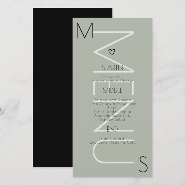 Menü "mit Monogramm Heart Wedding" (Vorne/Hinten)