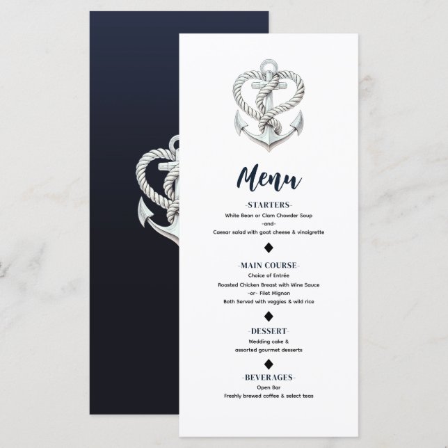 Menü "Nautic Heart Rope Anchor Coastal Wedding" Menükarte (Vorne/Hinten)