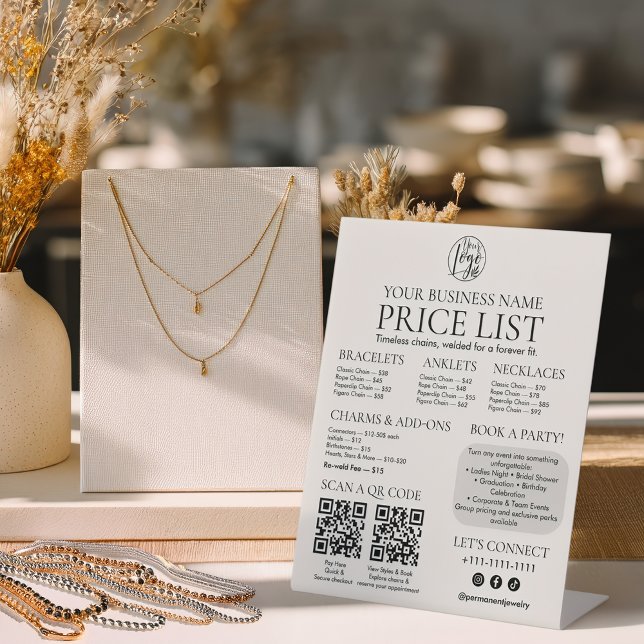 Menü "Permanent Juwelier Display Price List QR cod Sockelschild (Permanent Jewelry Display Price List QR code Menu Pedestal Sign)