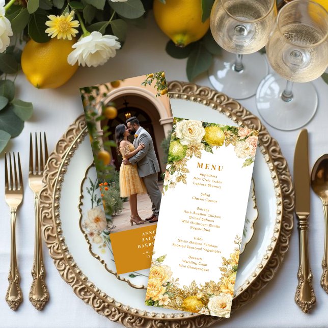 Menú plano menükarte (Luxury Delicate Mediterranean Lemons & Flowers Frame Wedding Menu Cards )