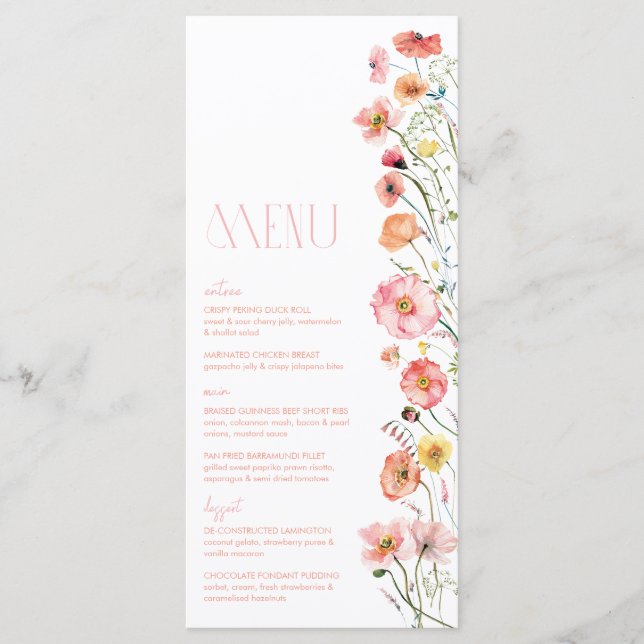 Menü "Poppies" für Brautparty-Wildblumen Menükarte (Vorderseite)