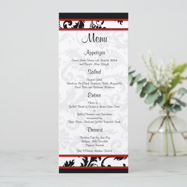 Menü "Red Schwarz-weiß Damask Monogram" Menükarte (Stehend Vorderseite)