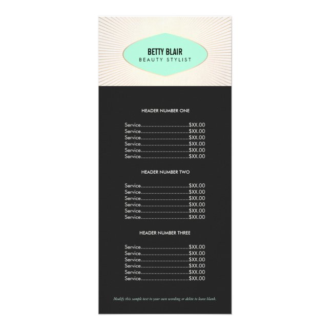 Menü "Retro Turquoise and Gold Plaque Price List" (Vorne)