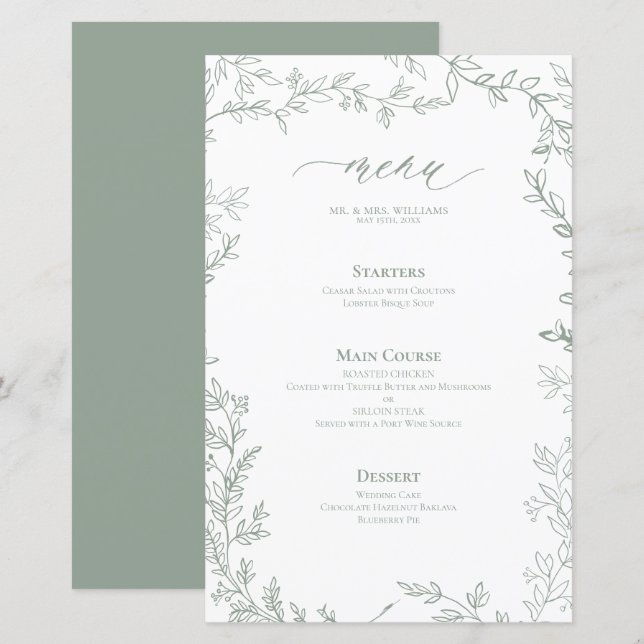 Menü "Sage Green Leafy Frame Wedding" (Vorne/Hinten)