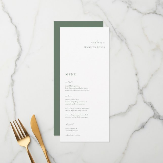 Menü "Sage Green Minimalistisch Wedding Platzkarte Menükarte (Vorderseite/Rückseite Beispiel)