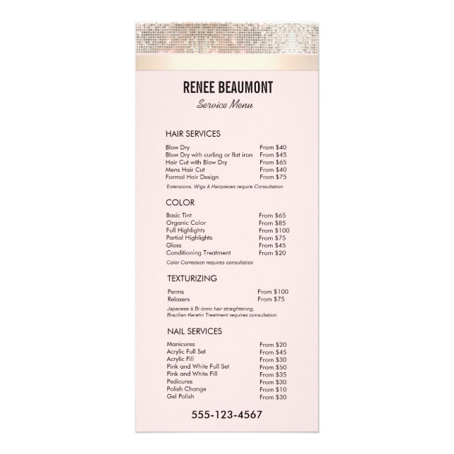 Menü "Sequel Gold Pink Salon Price List" (Vorne)