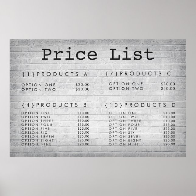 Menü "Service Price" von Brick Wall nach Maß Poster (Vorne)