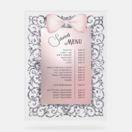 Menü "Silver Glitzer Frame Pink Bow Services" Acrylschild