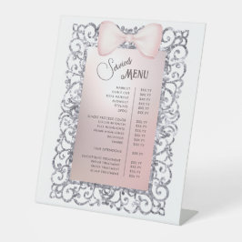Menü "Silver Glitzer Frame Pink Bow Services" Sockelschild