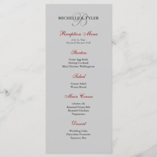 Menü "Silver & Red Monogram Empfang" Menükarte