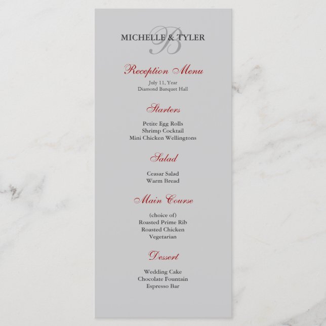 Menü "Silver & Red Monogram Empfang" Menükarte (Vorderseite)