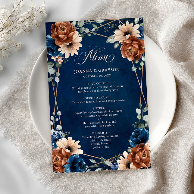 Menü "Terracotta Navy Blue Greenery Geometric" (Terracotta Navy Blue Greenery Geometric Menu)