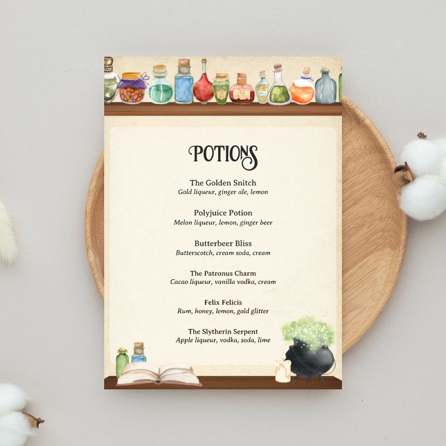 Menü "Trinken" des Wizard-Party Bar Poster (Wizard Party Bar Menu for Wizard School Party)