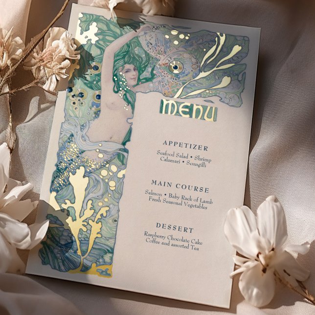 Menü Vintage Meerjungfrau Art Nouveau Folieneinladung (Von Creator hochgeladen)