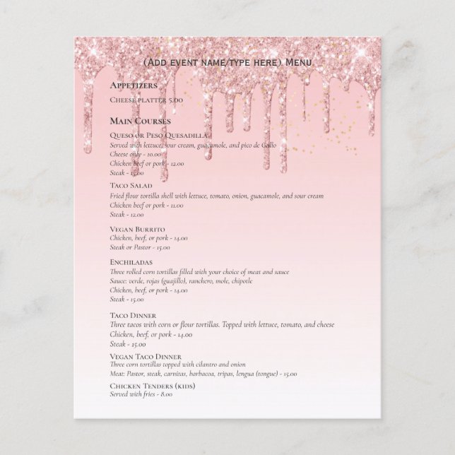 MENU-Vorlage für zwei Rose Gold Dripping Glitzer Flyer (Vorne)