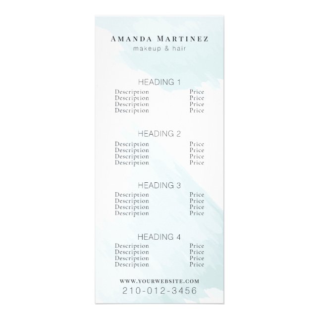 Menü "Watercolor Blue Salon Price List Service" (Vorne)