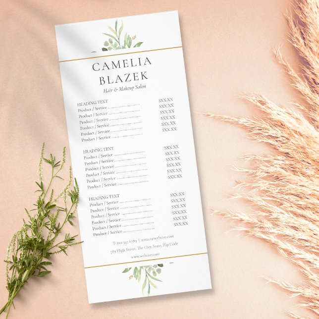 Menü "Watercolor Greenery Salon Service" (Von Creator hochgeladen)